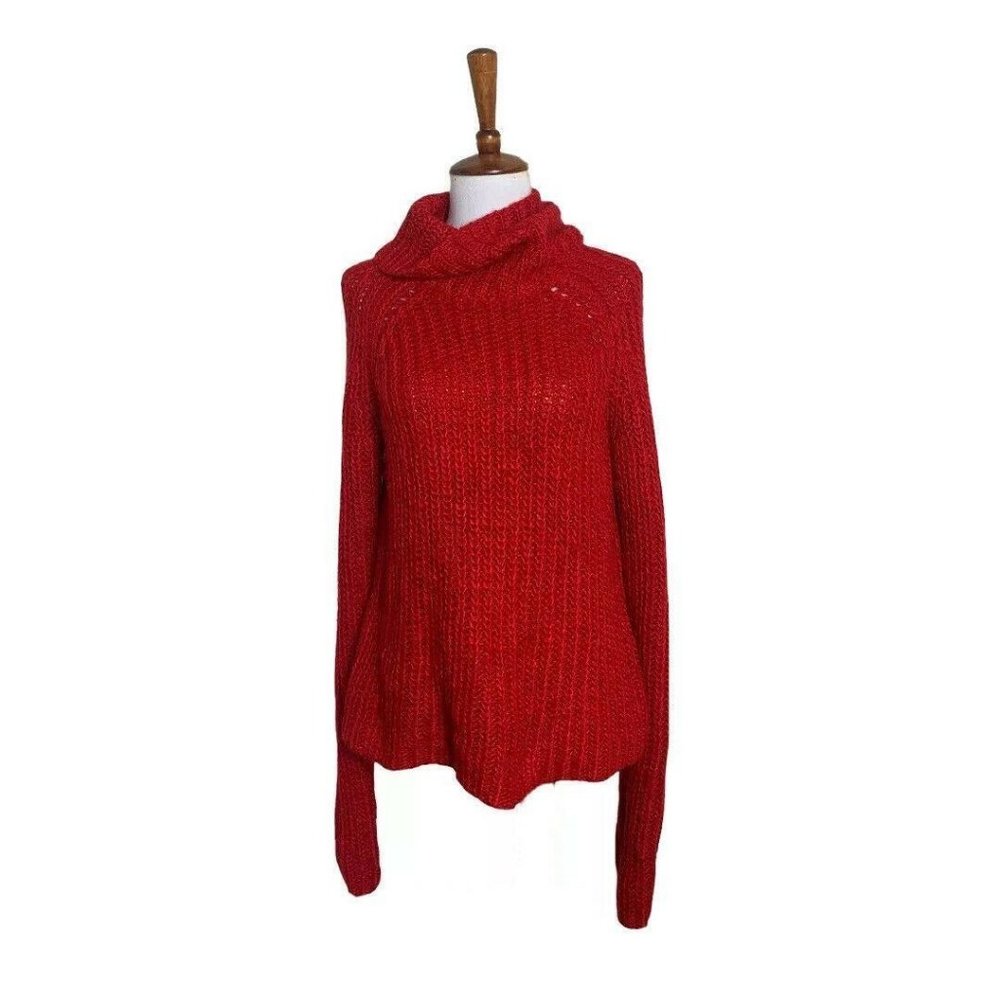 Knit Sweater Women Large Turtle Neck Red Pull Over